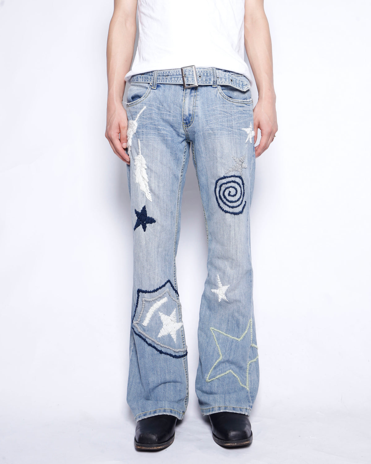 *one-off belted craft flare jeans