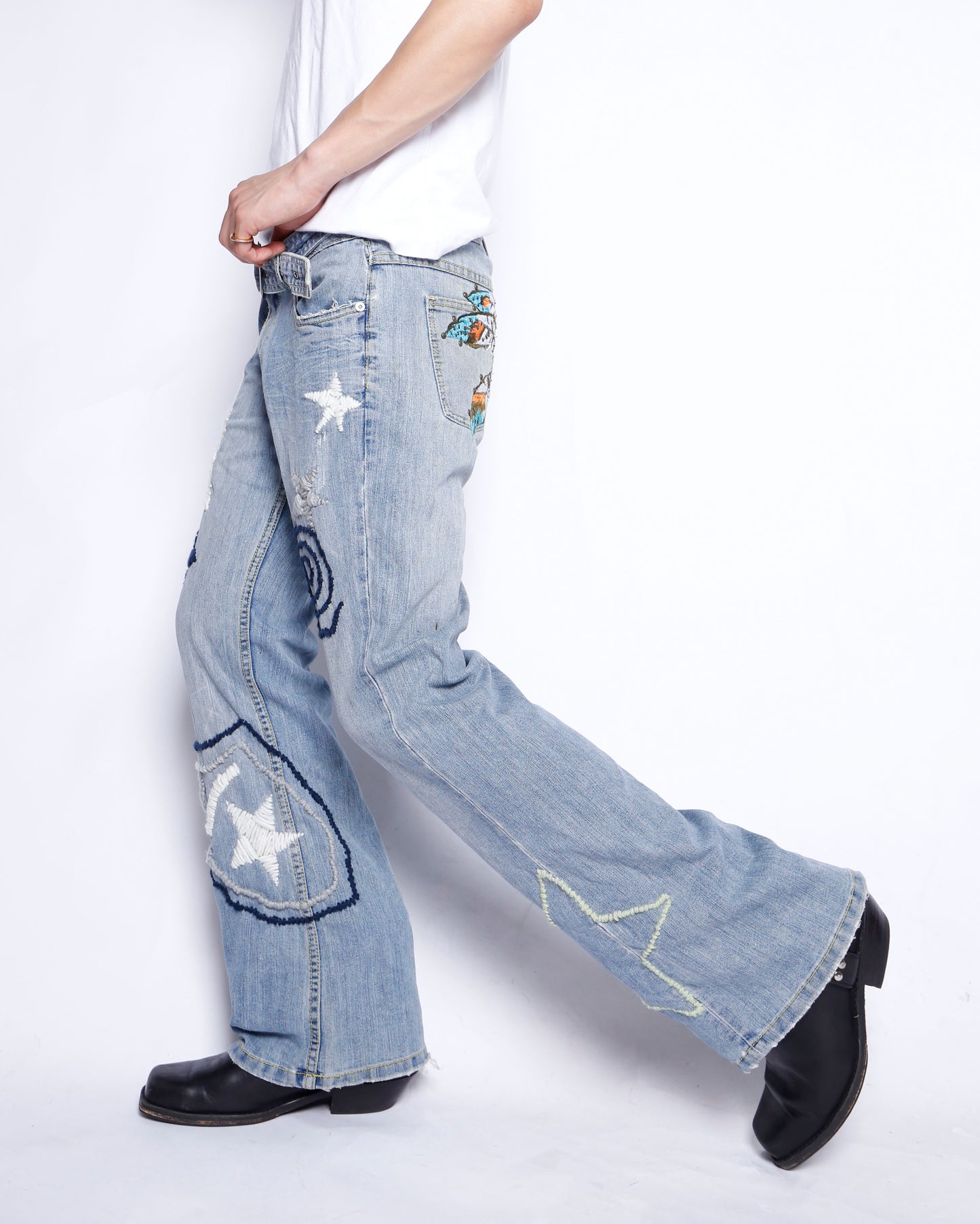 *one-off belted craft flare jeans