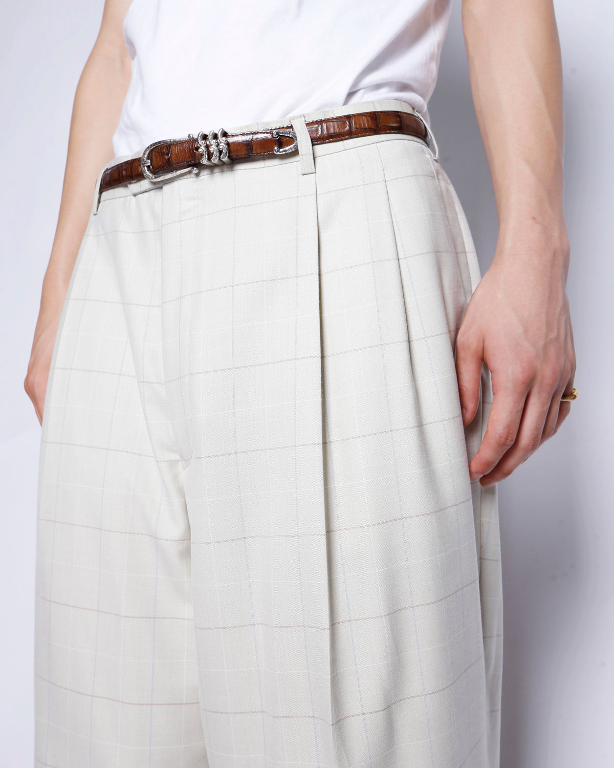 vintage tucked window check wide slacks