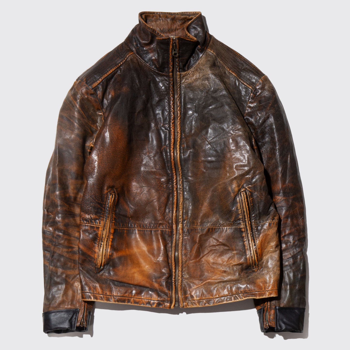 vintage fadded stand collar leather jacket