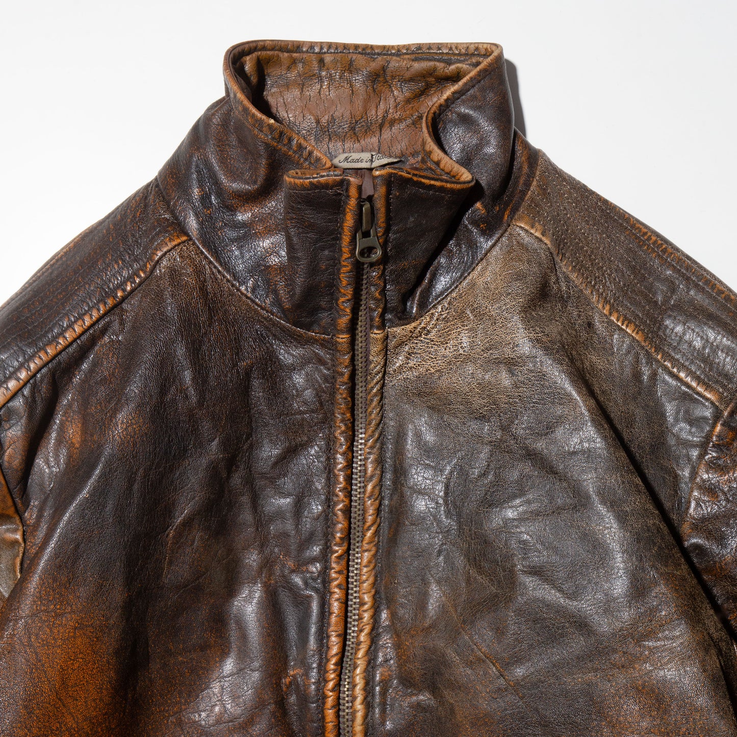 vintage fadded stand collar leather jacket