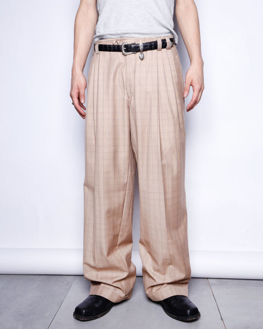 vintage pleats tucked check wide slacks