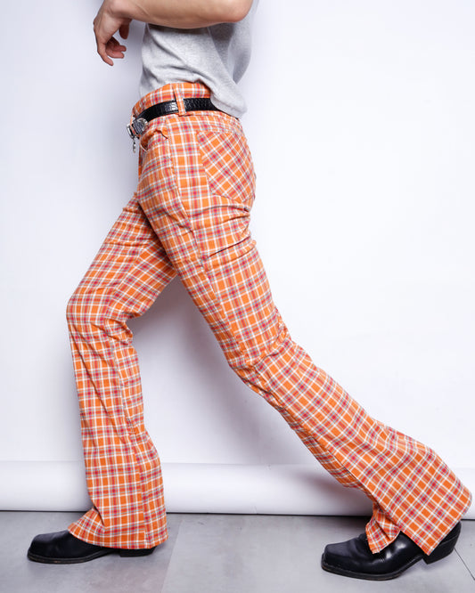 vintage check cotton flare trousers