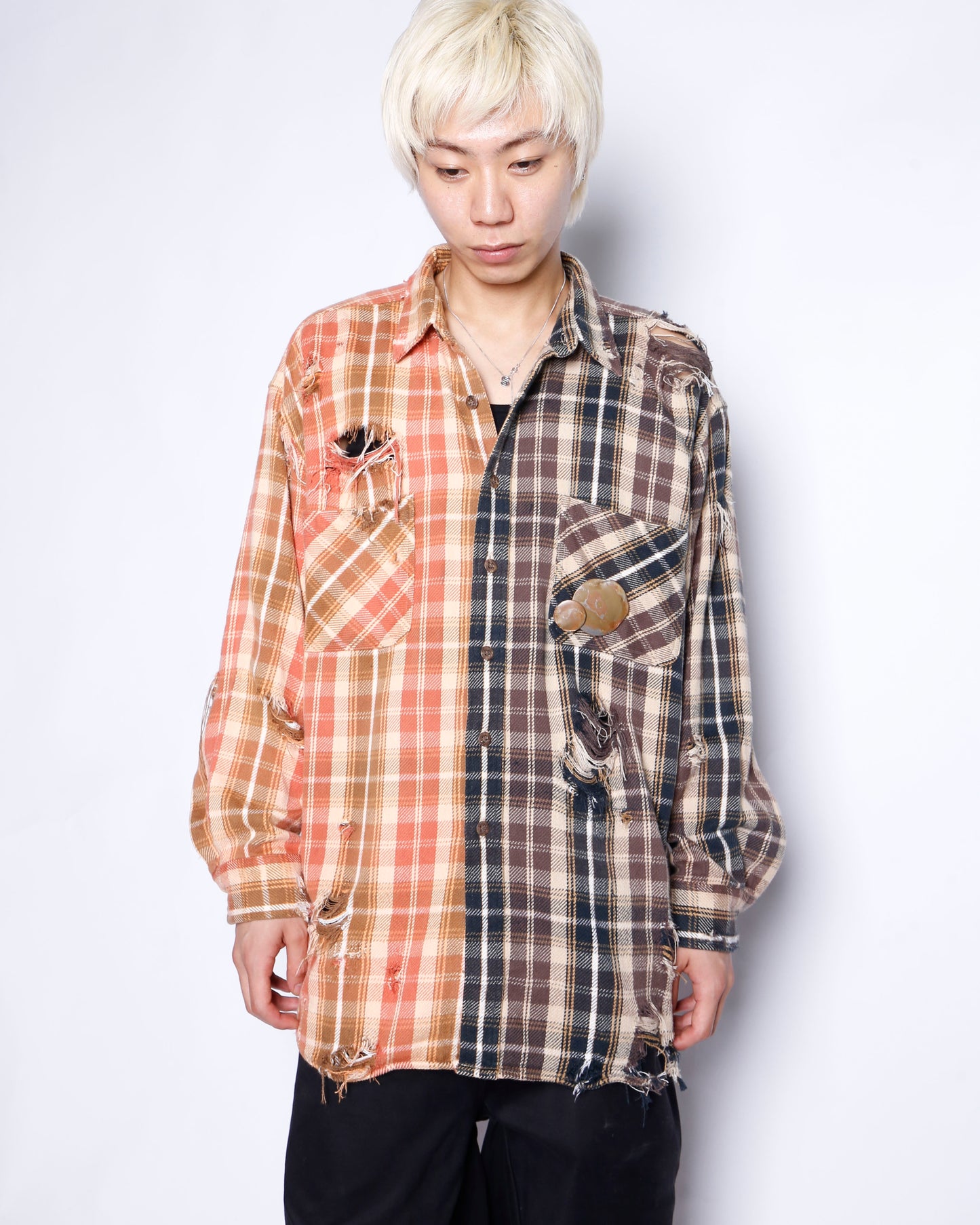 *one-off broken 2tone flannel check shirt, with copper badge