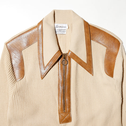 vintage 70's half zip leather combi sweater