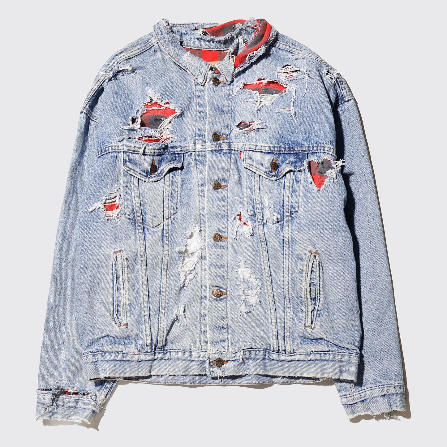 *one-off 90's Levi's broken trucker jacket , with check liner