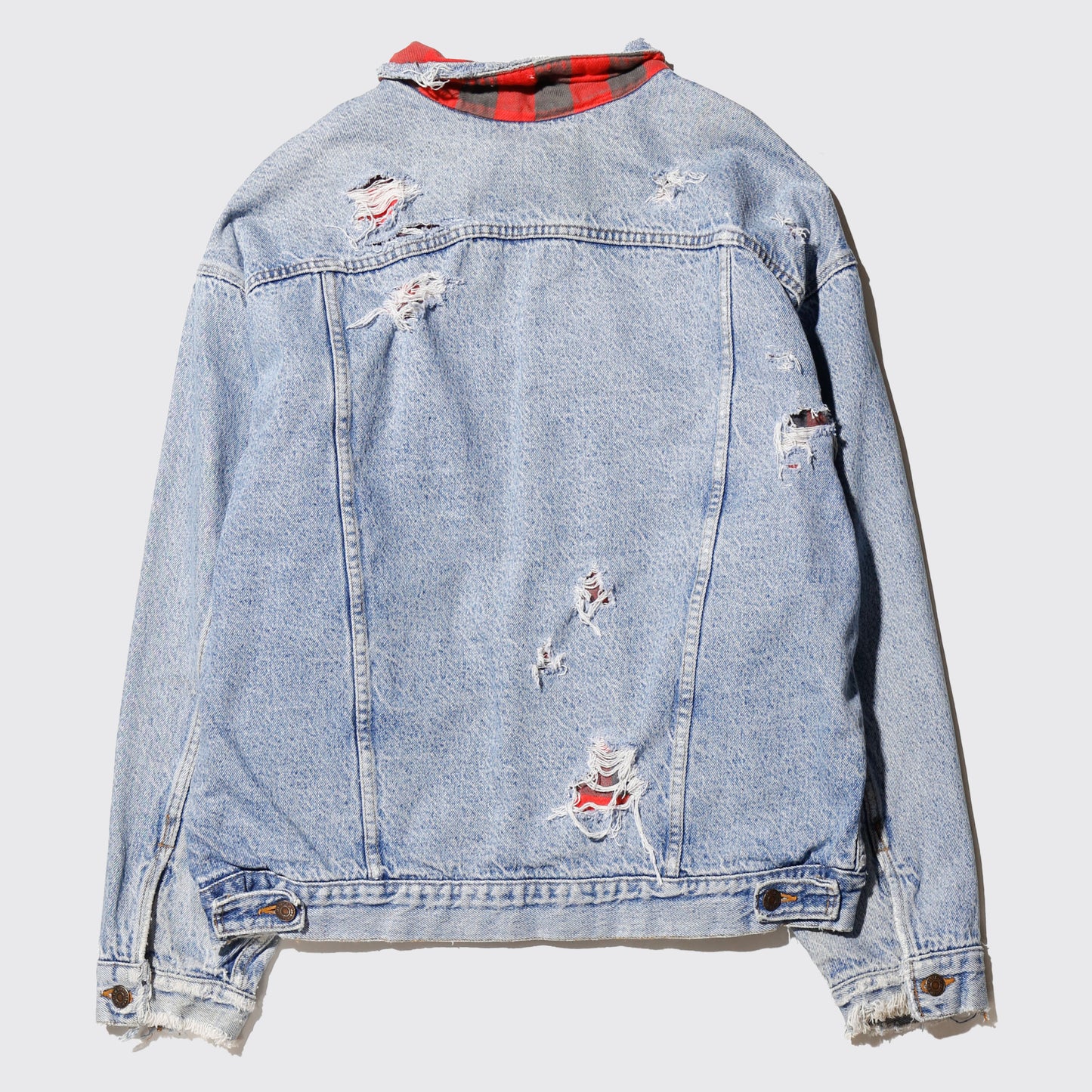 *one-off 90's Levi's broken trucker jacket , with check liner