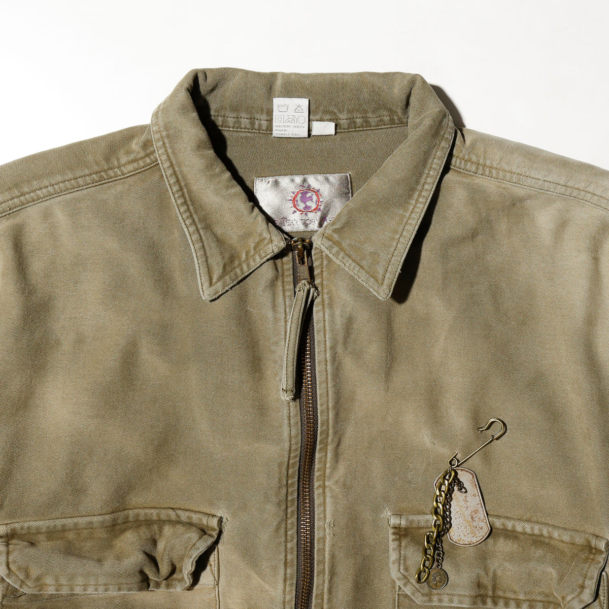 vintage distressed work jacket , with dogtag pin