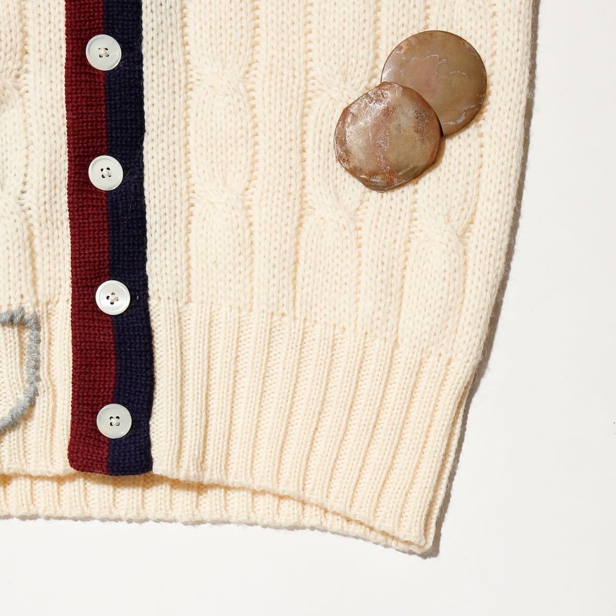 *one-off craft cricket cardigan, with copper badge