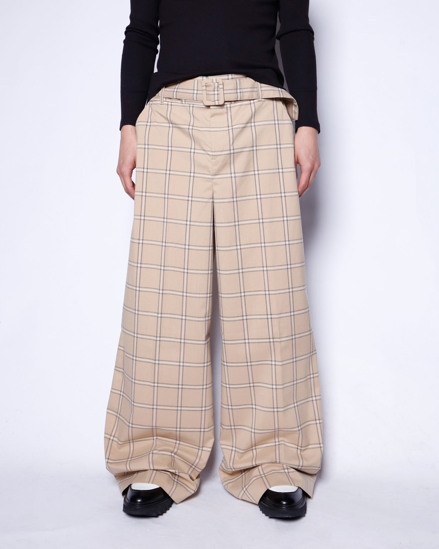 vintage belted check wide slacks