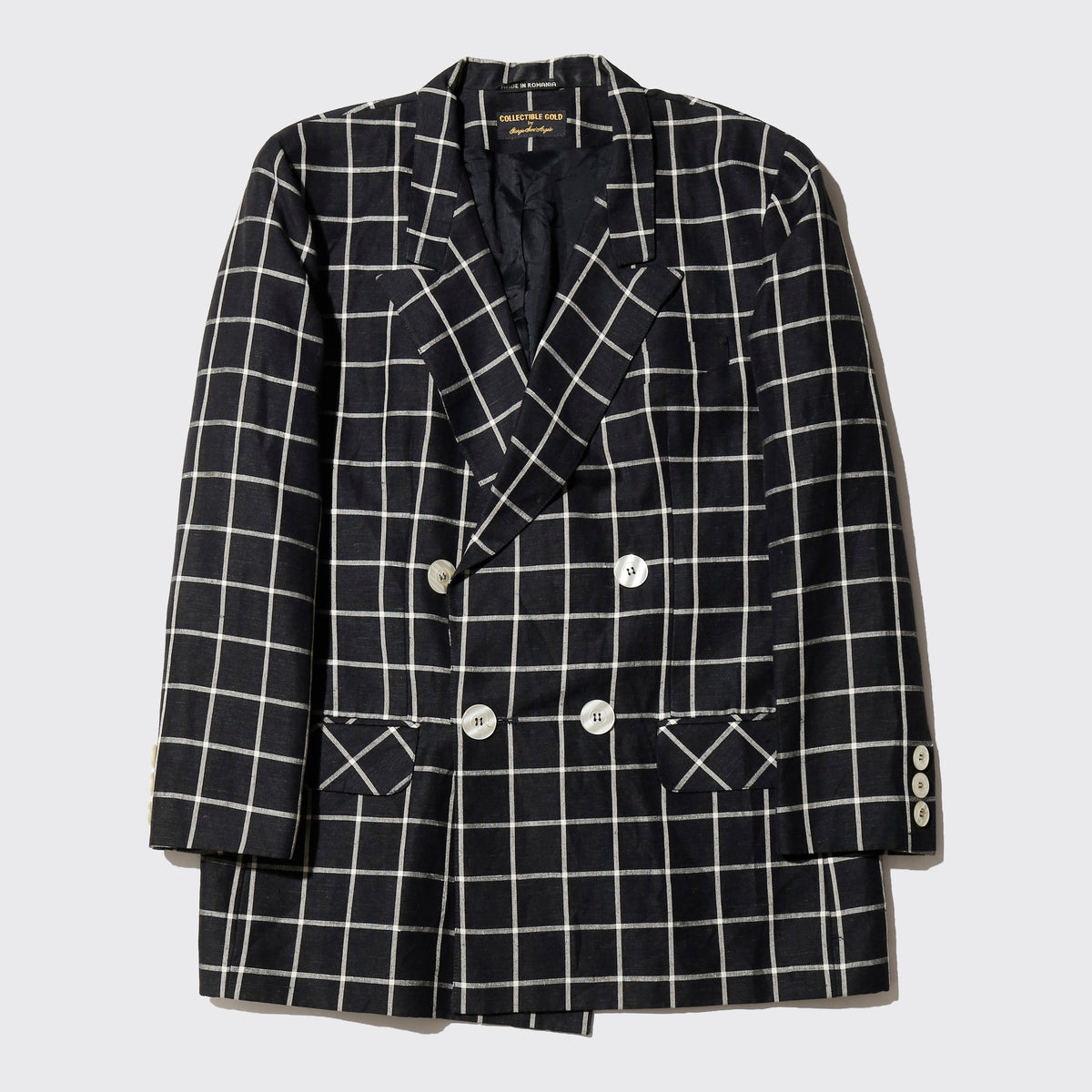 vintage window check linen double breasted tailored jacket