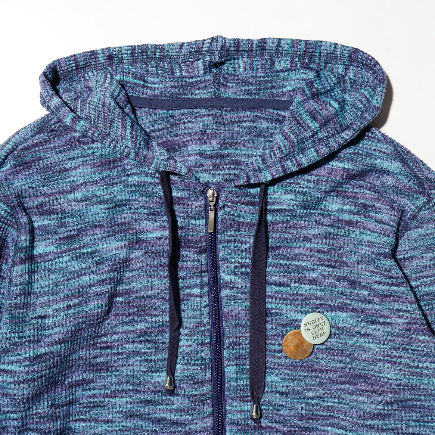vintage melange knit hoodie, with copper badge