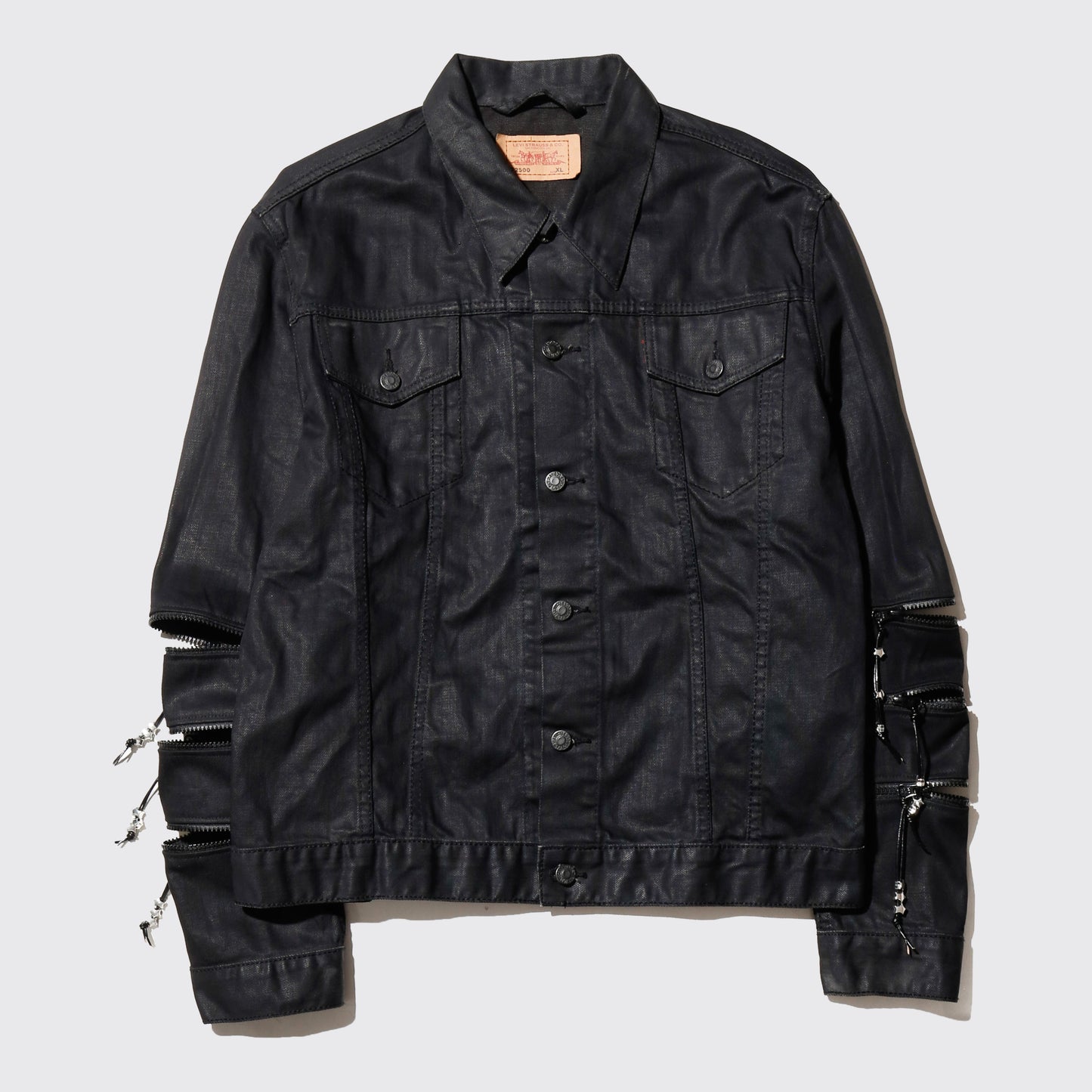 *one-off fringe zipped luster trucker jacket