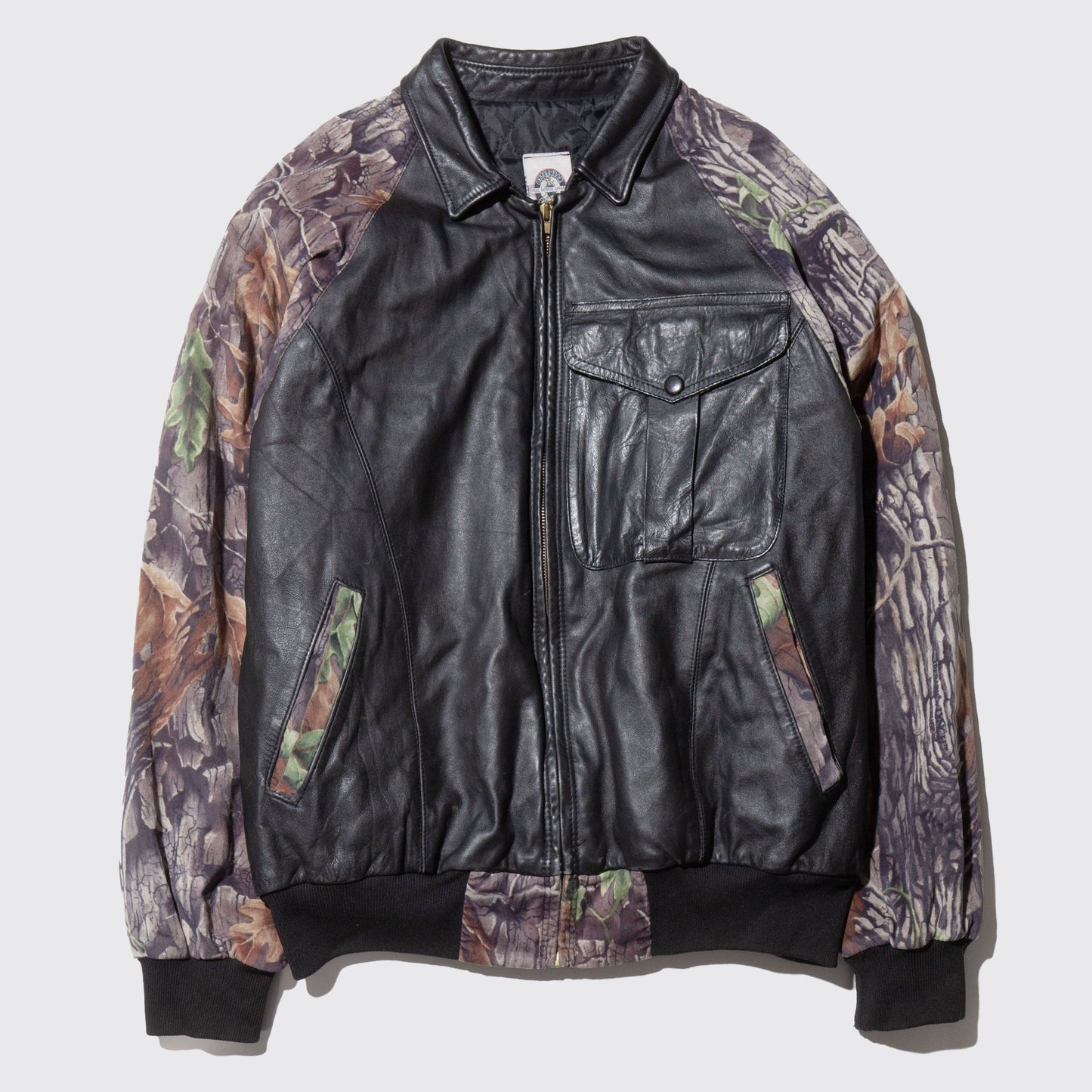 vintage tree camo sleeve leather jacket