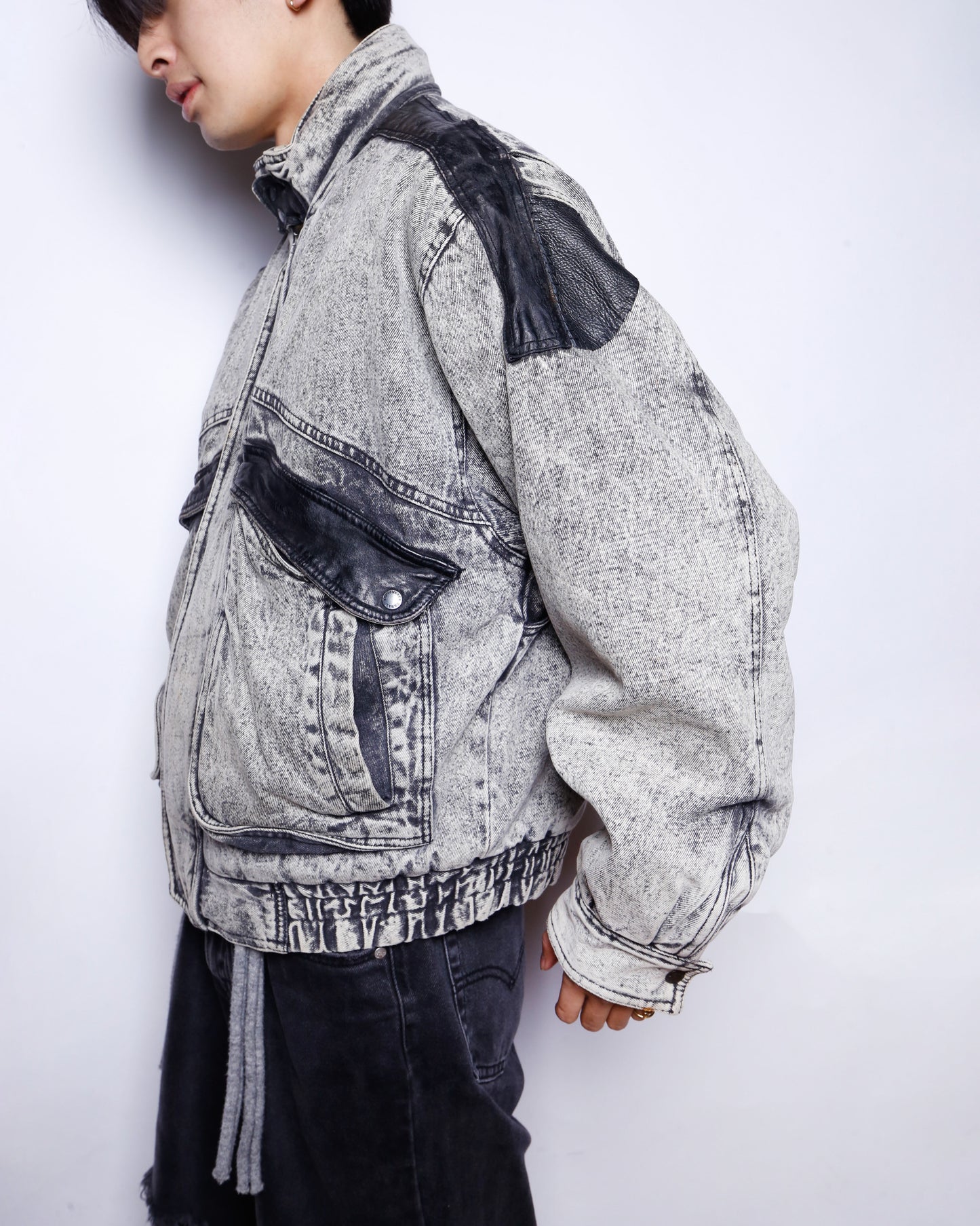 vintage padded denim aviator jacket , hood strage
