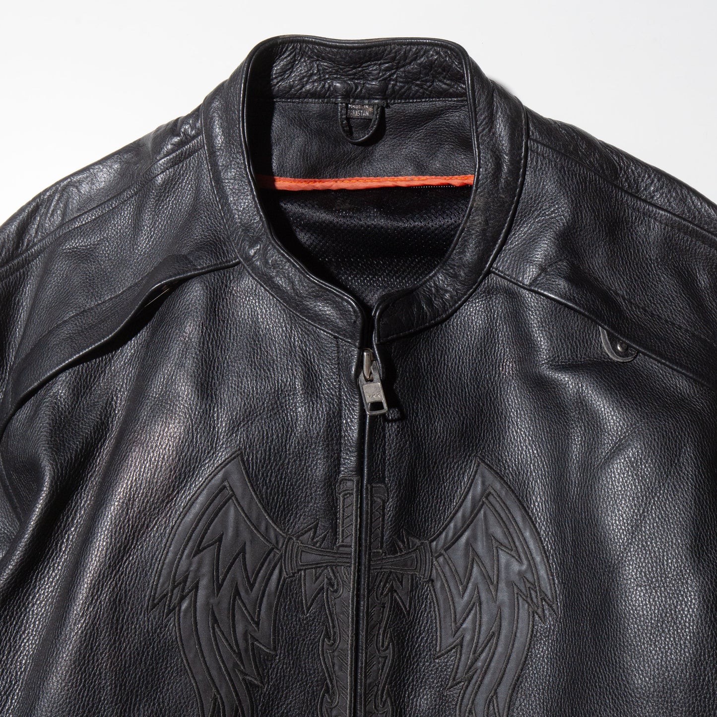 vintage feather broderie motocross leather jacket