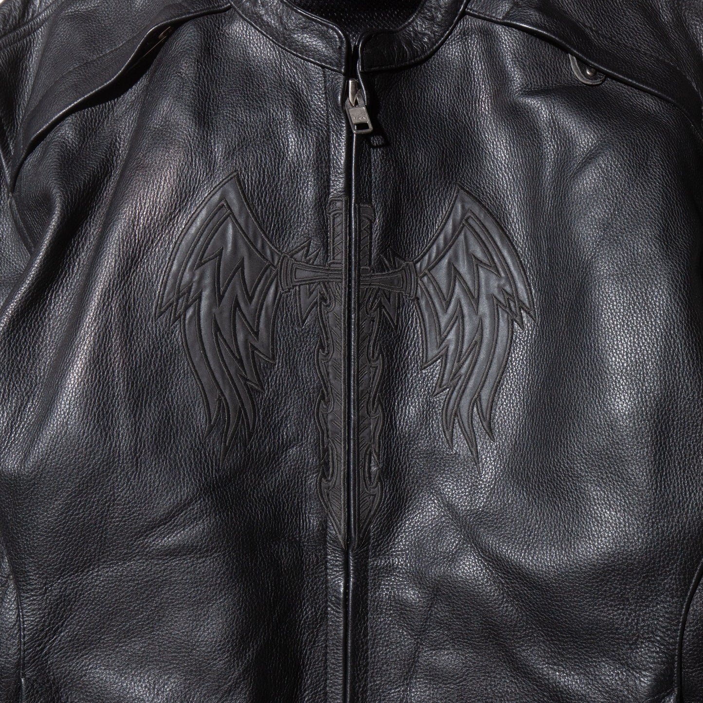 vintage feather broderie motocross leather jacket