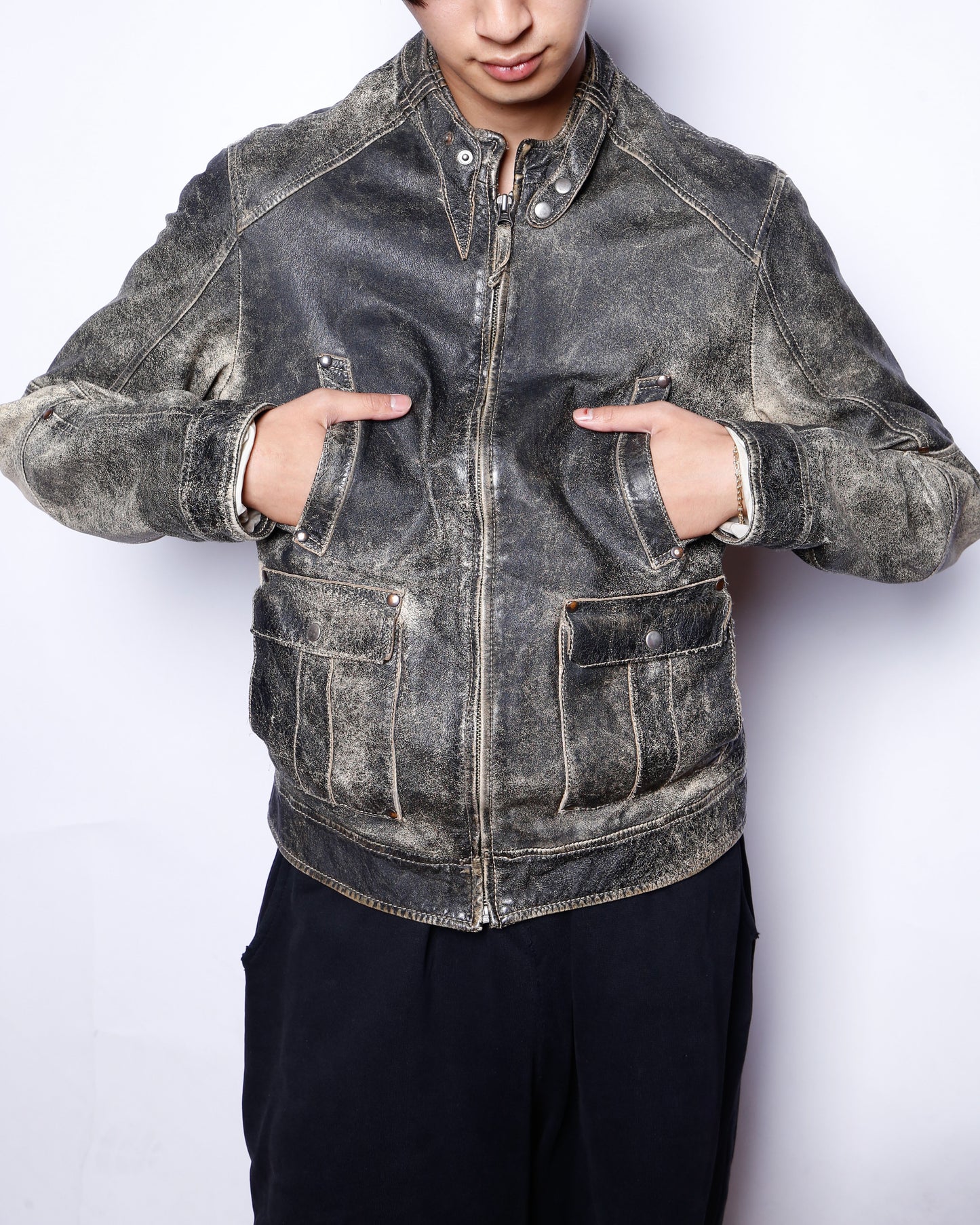 vintage euro motorcycle fadded leather jacket