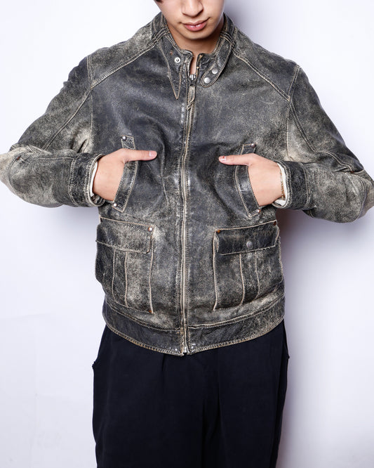 vintage euro motorcycle fadded leather jacket