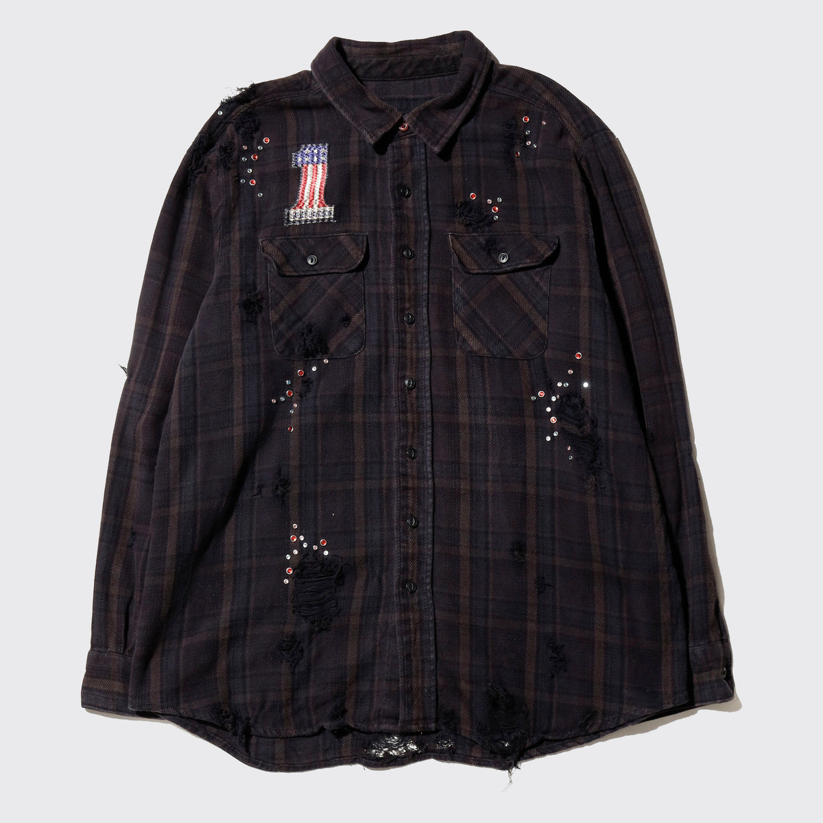 *one-off crystal studs broken flannel shirt