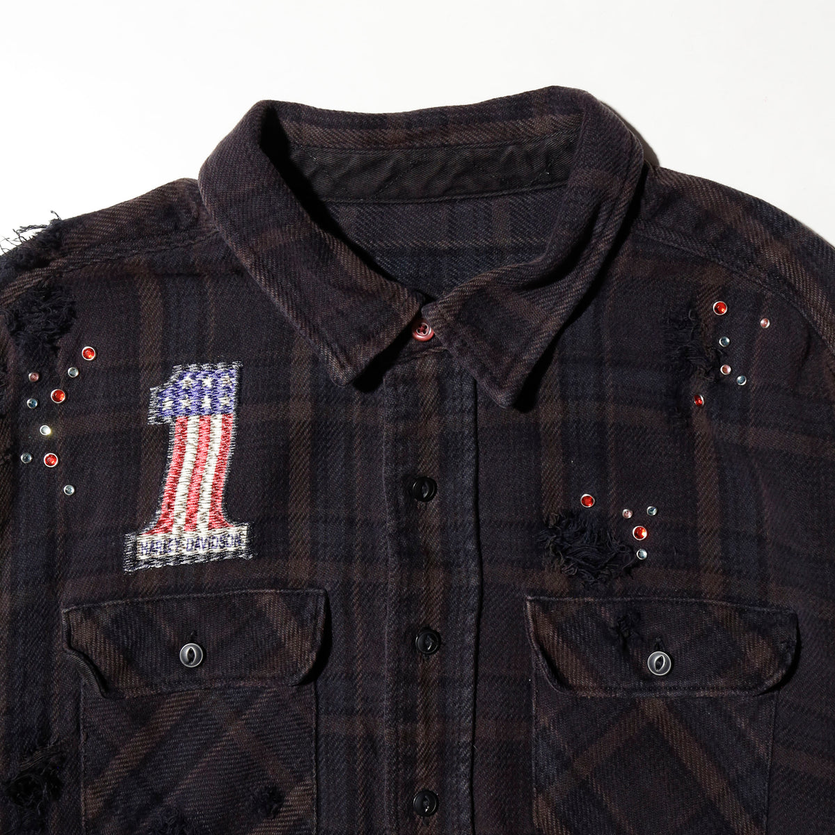 *one-off crystal studs broken flannel shirt
