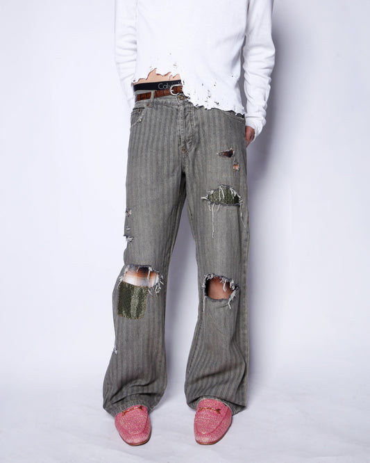 *one-off repaired herringbone jeans