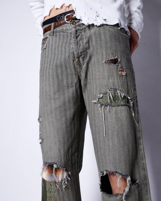 *one-off repaired herringbone jeans