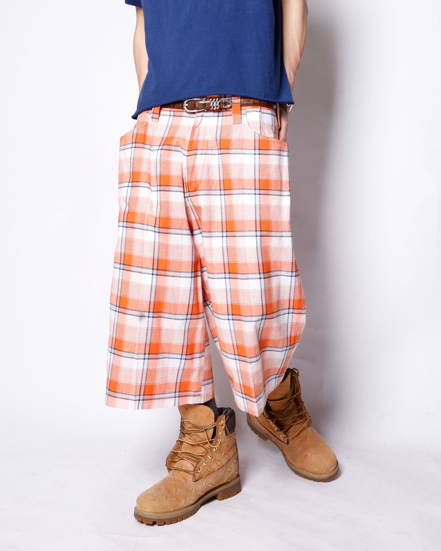vintage check cotton wide shorts