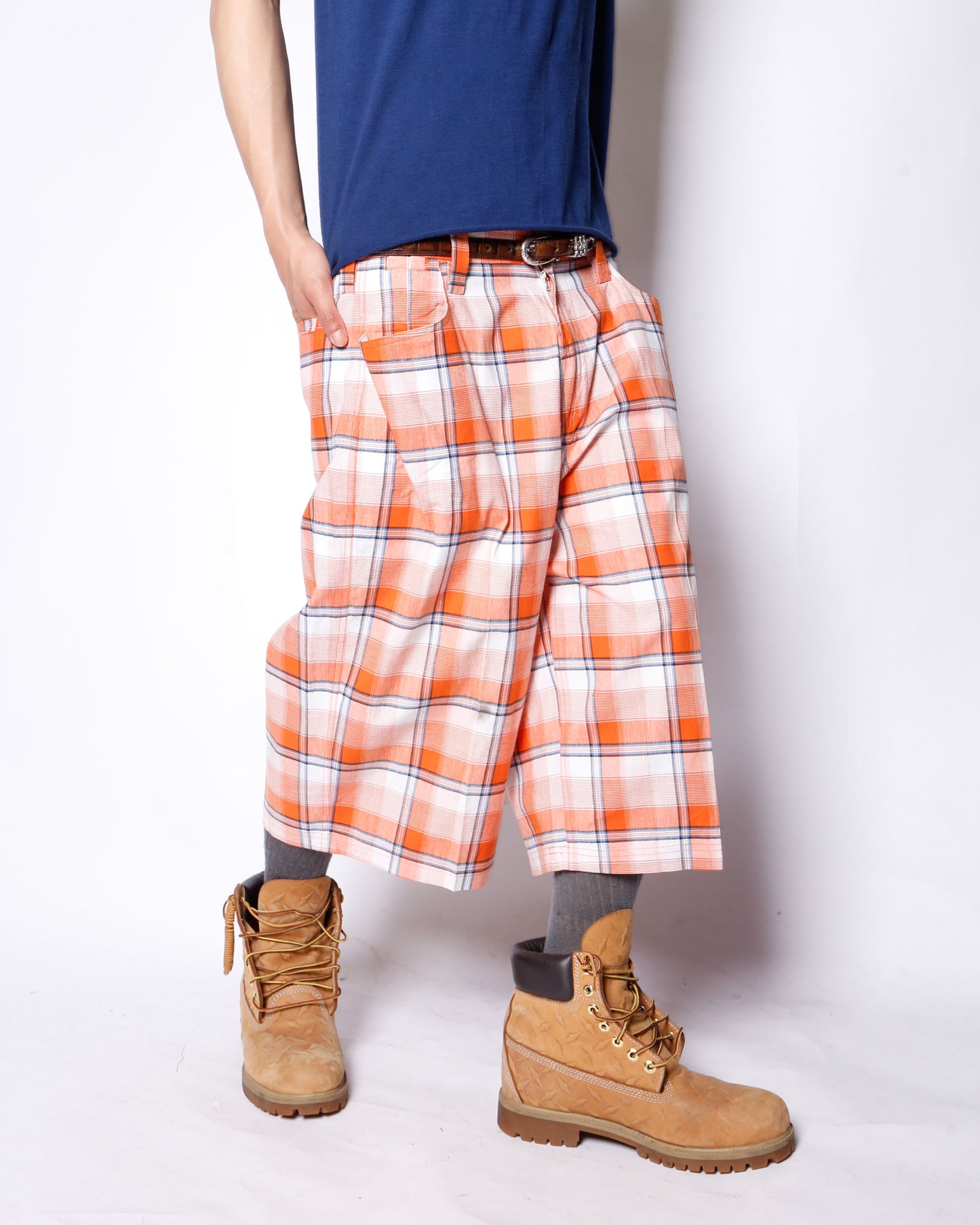 vintage check cotton wide shorts