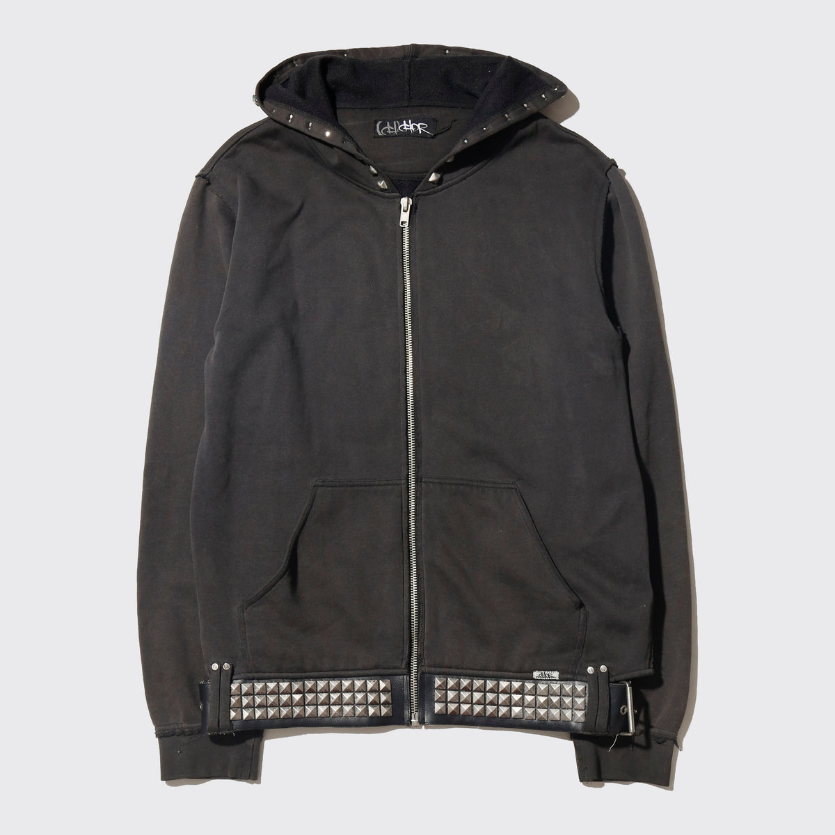 vintage belted pyramid studs hoodie