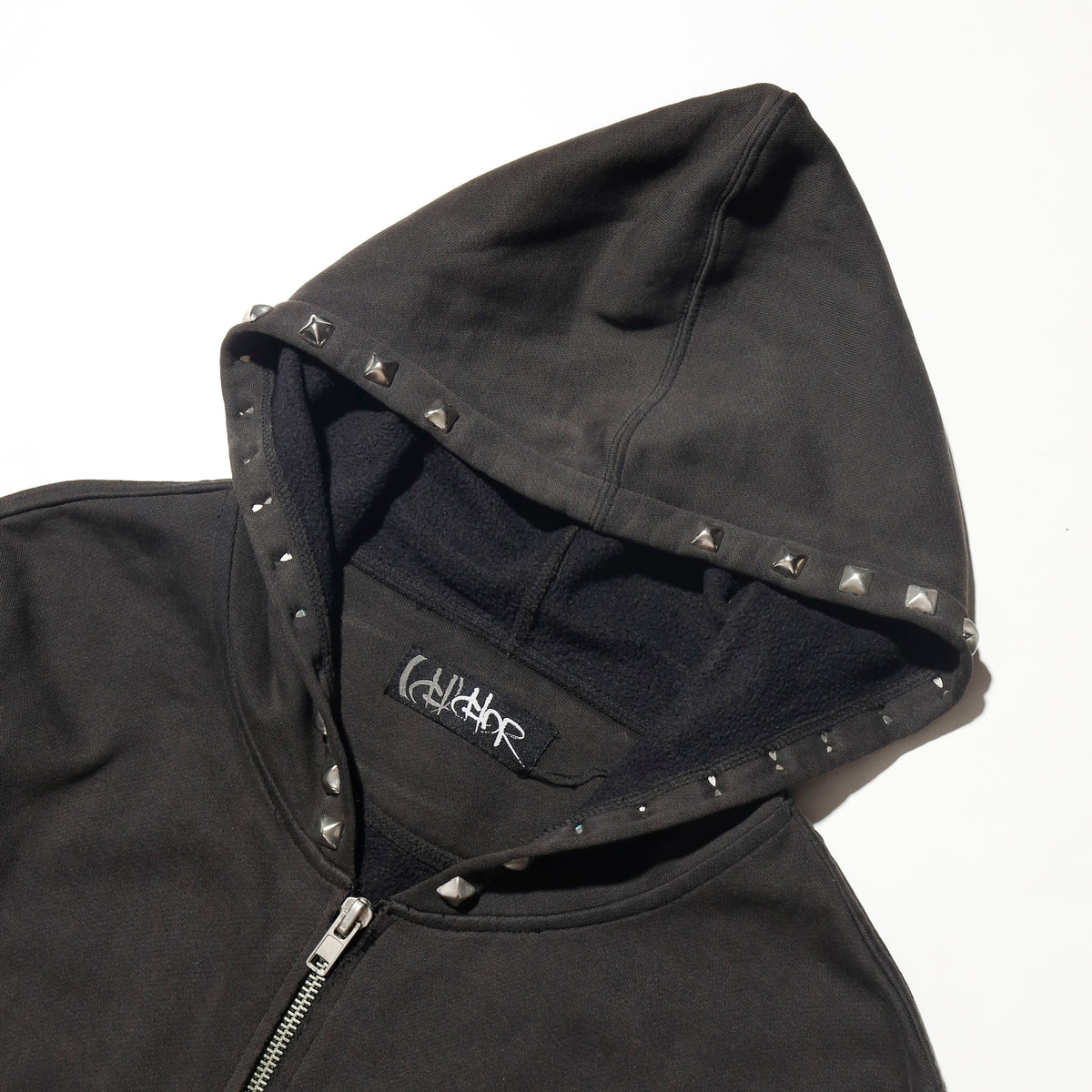 vintage belted pyramid studs hoodie