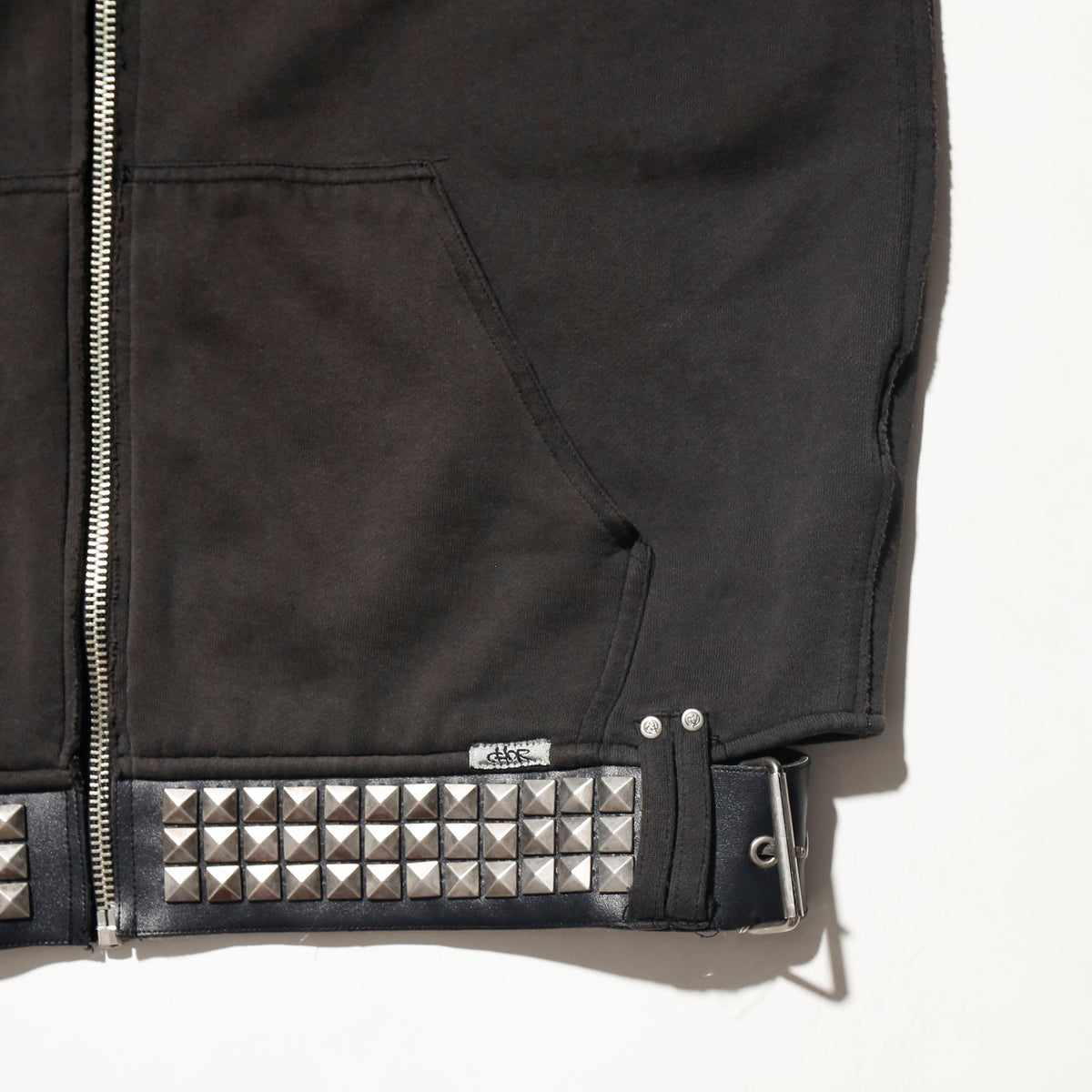 vintage belted pyramid studs hoodie