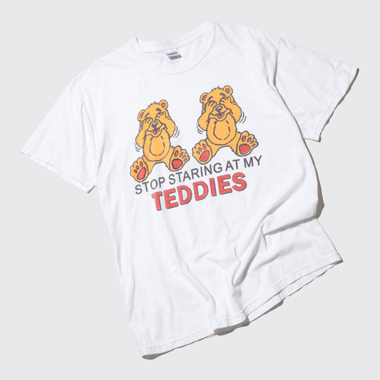 vintage 00's "stop staring at my teddies" boob joke t-shirt