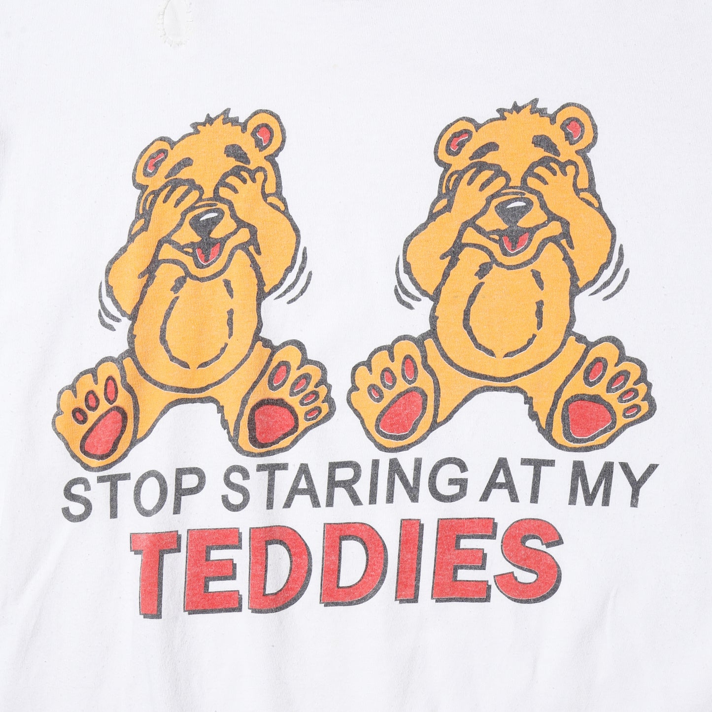 vintage 00's "stop staring at my teddies" boob joke t-shirt