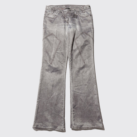 vintage cross waist waxed flare trousers