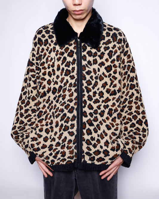 vintage fur collar leopard knit jacket