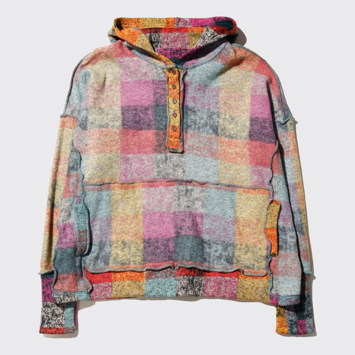 vintage brushed block check hoodie
