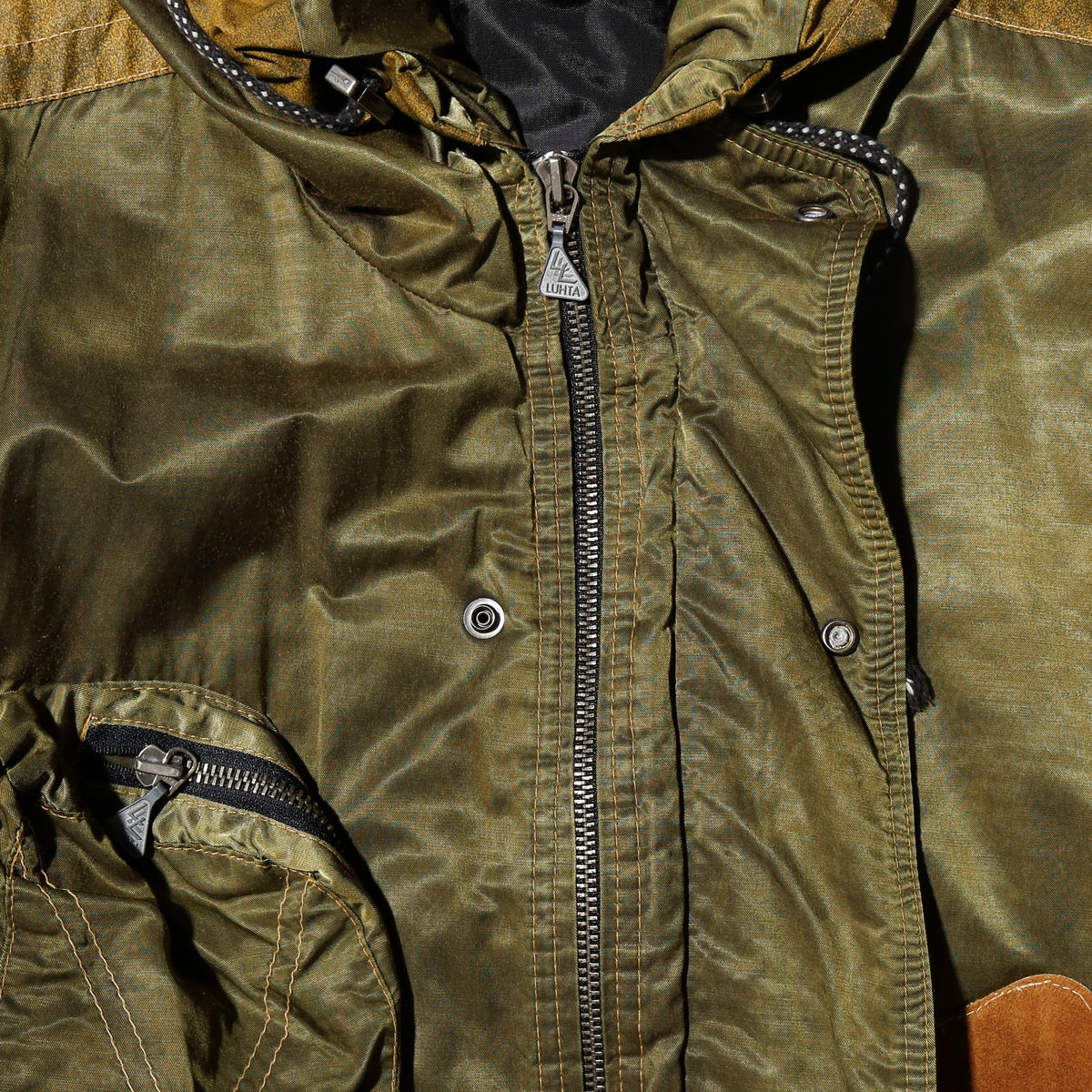 vintage patched padded aviator jacket, hood strage