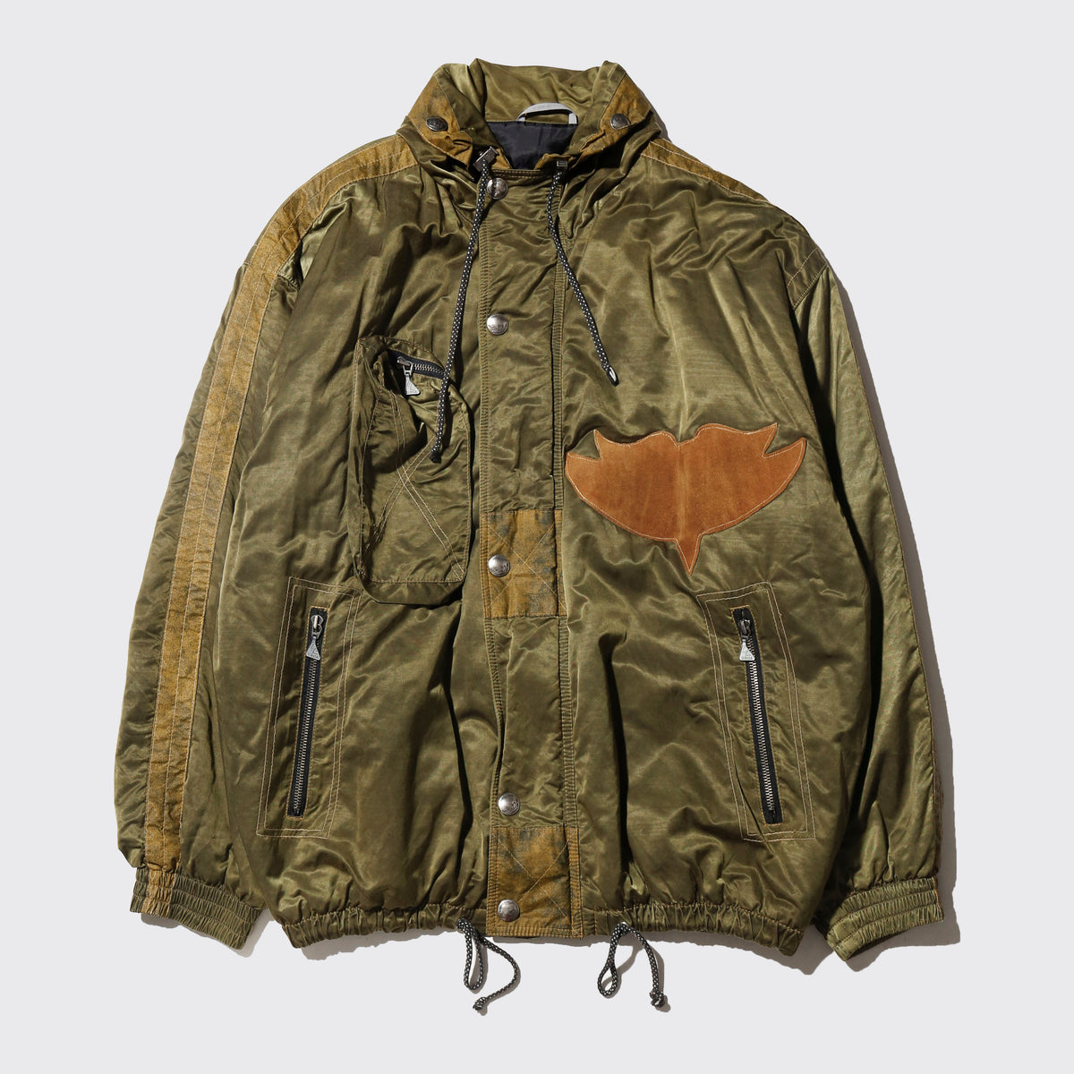 vintage patched padded aviator jacket, hood strage
