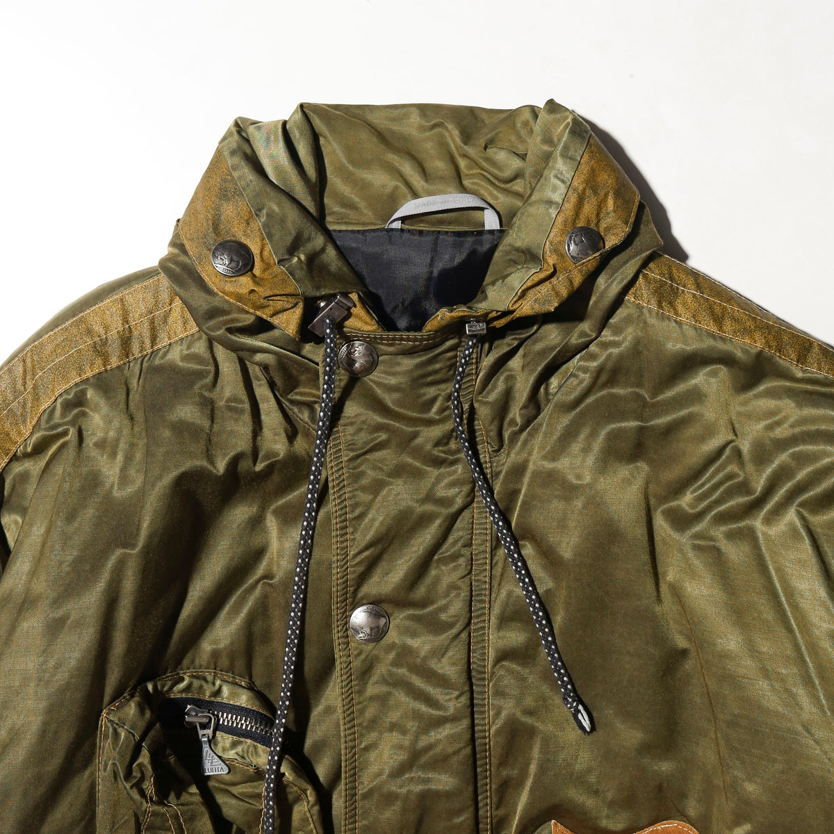 vintage patched padded aviator jacket, hood strage