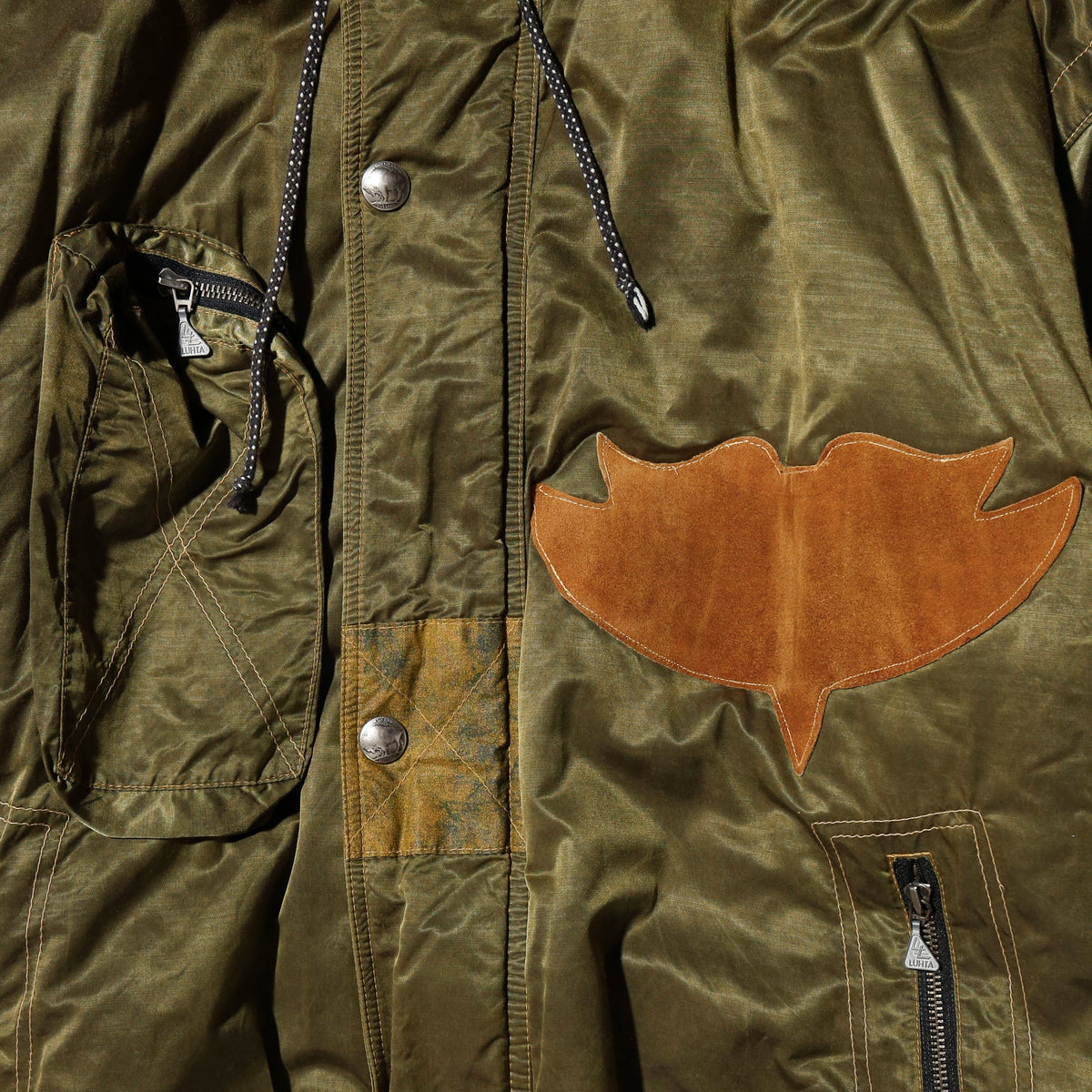 vintage patched padded aviator jacket, hood strage