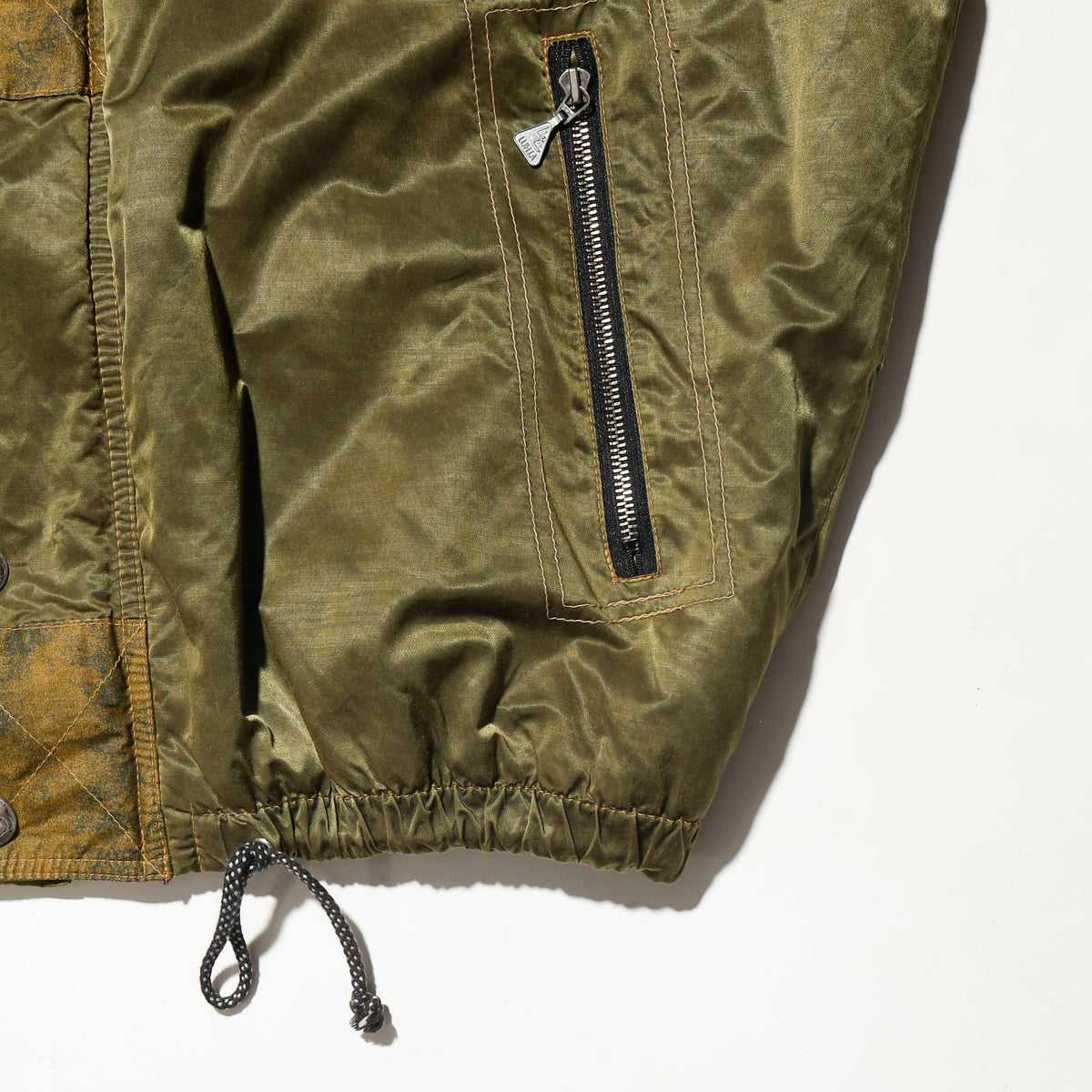 vintage patched padded aviator jacket, hood strage