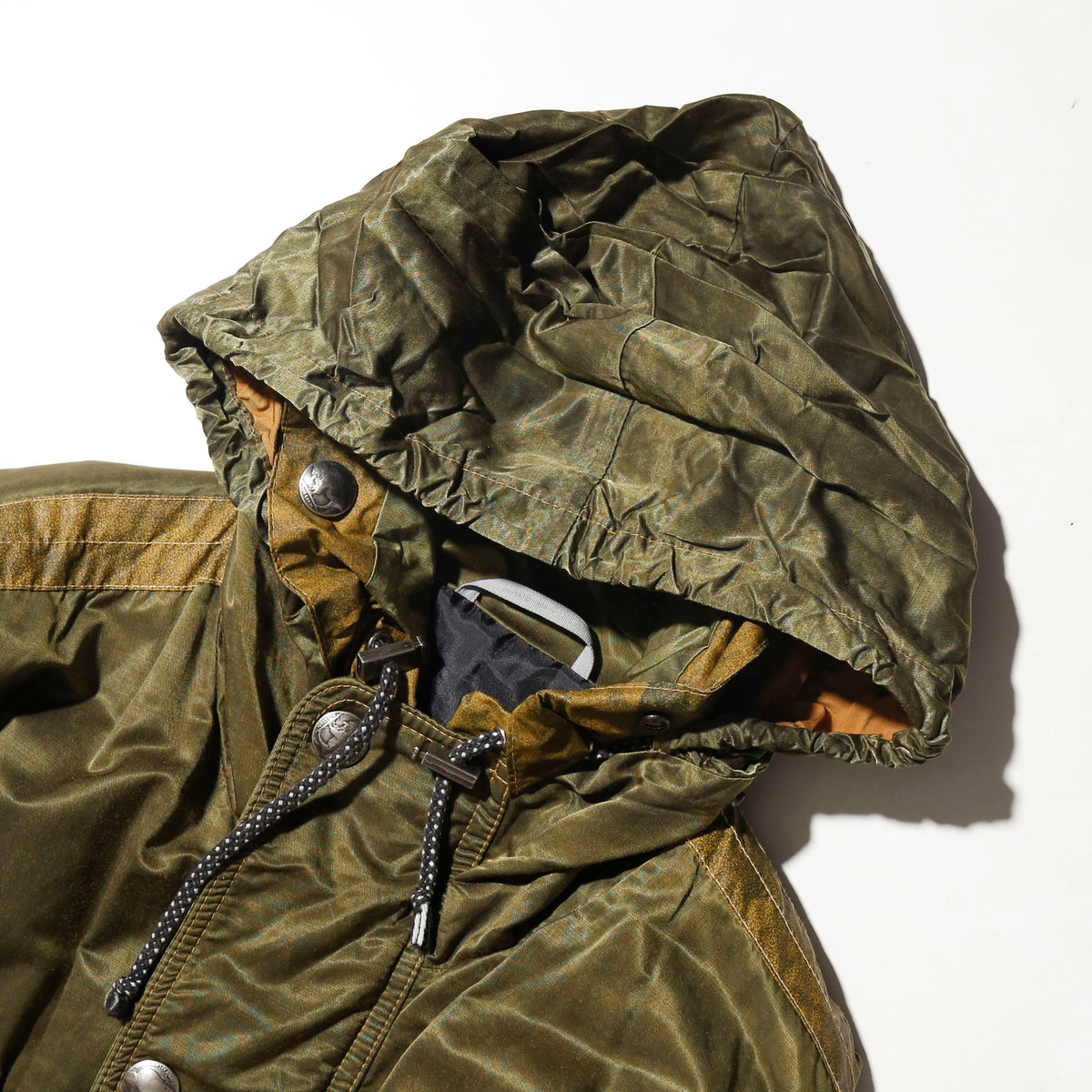 vintage patched padded aviator jacket, hood strage