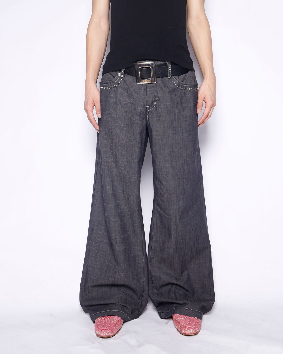 vintage low rise whipstitched wide trousers