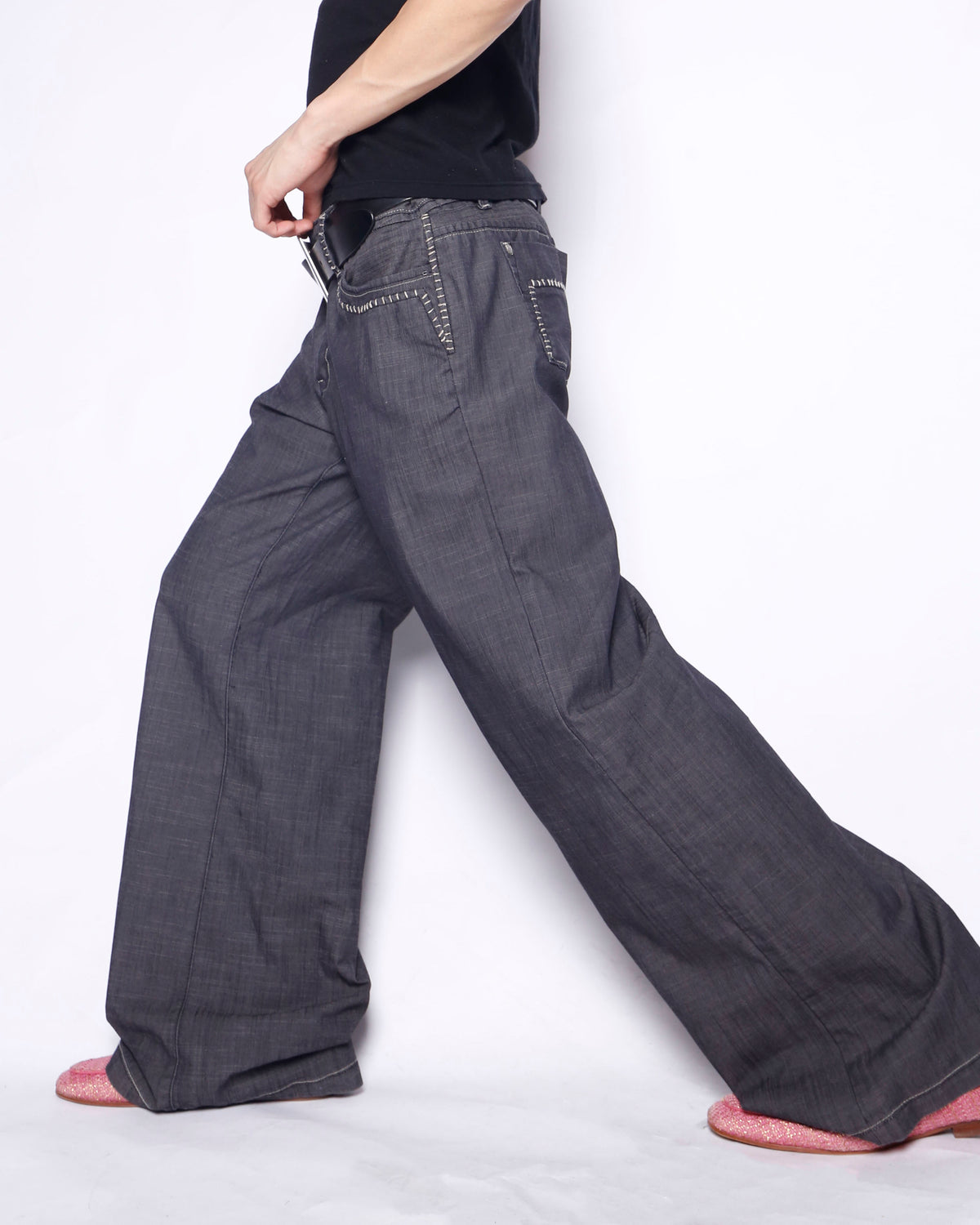 vintage low rise whipstitched wide trousers