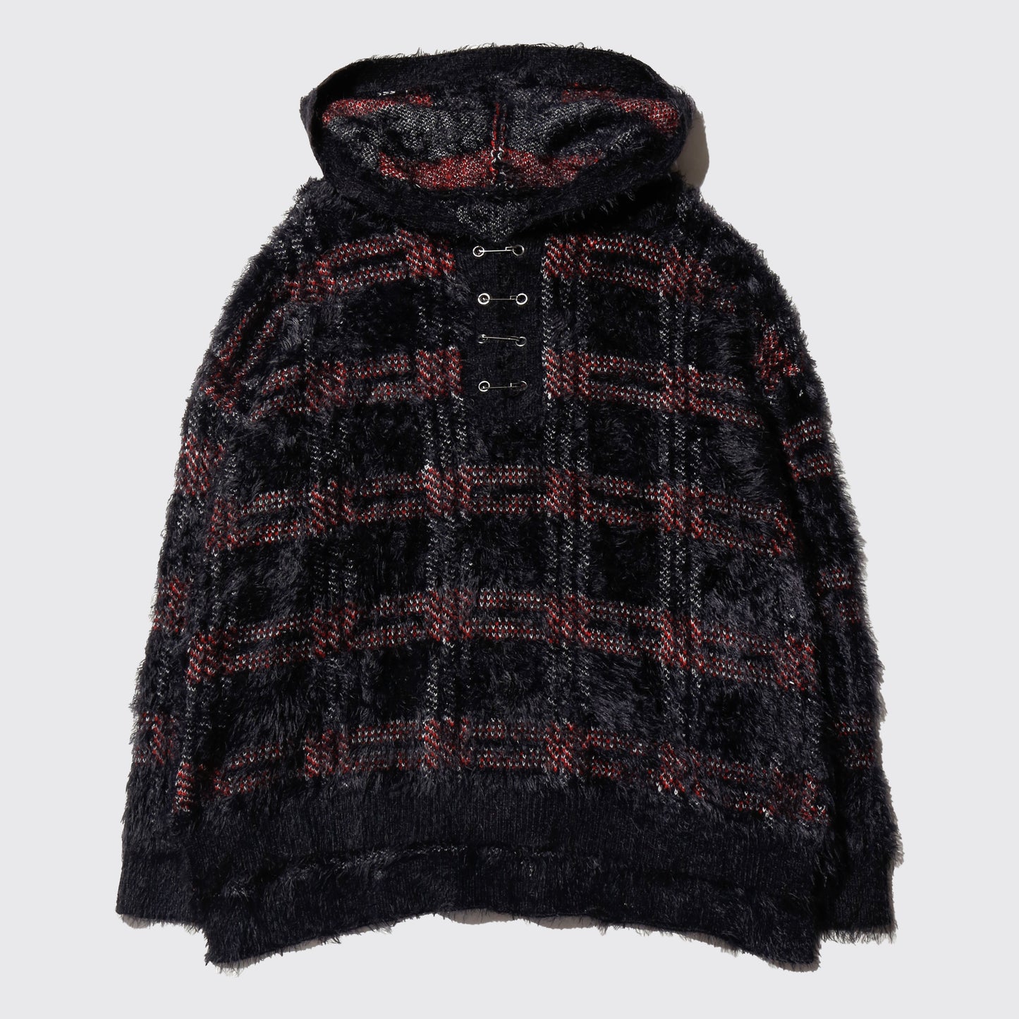 vintage check fuzzy knit hoodie