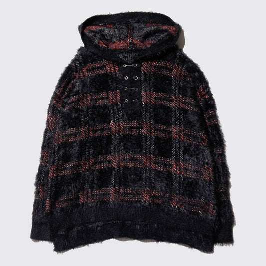vintage check fuzzy knit hoodie