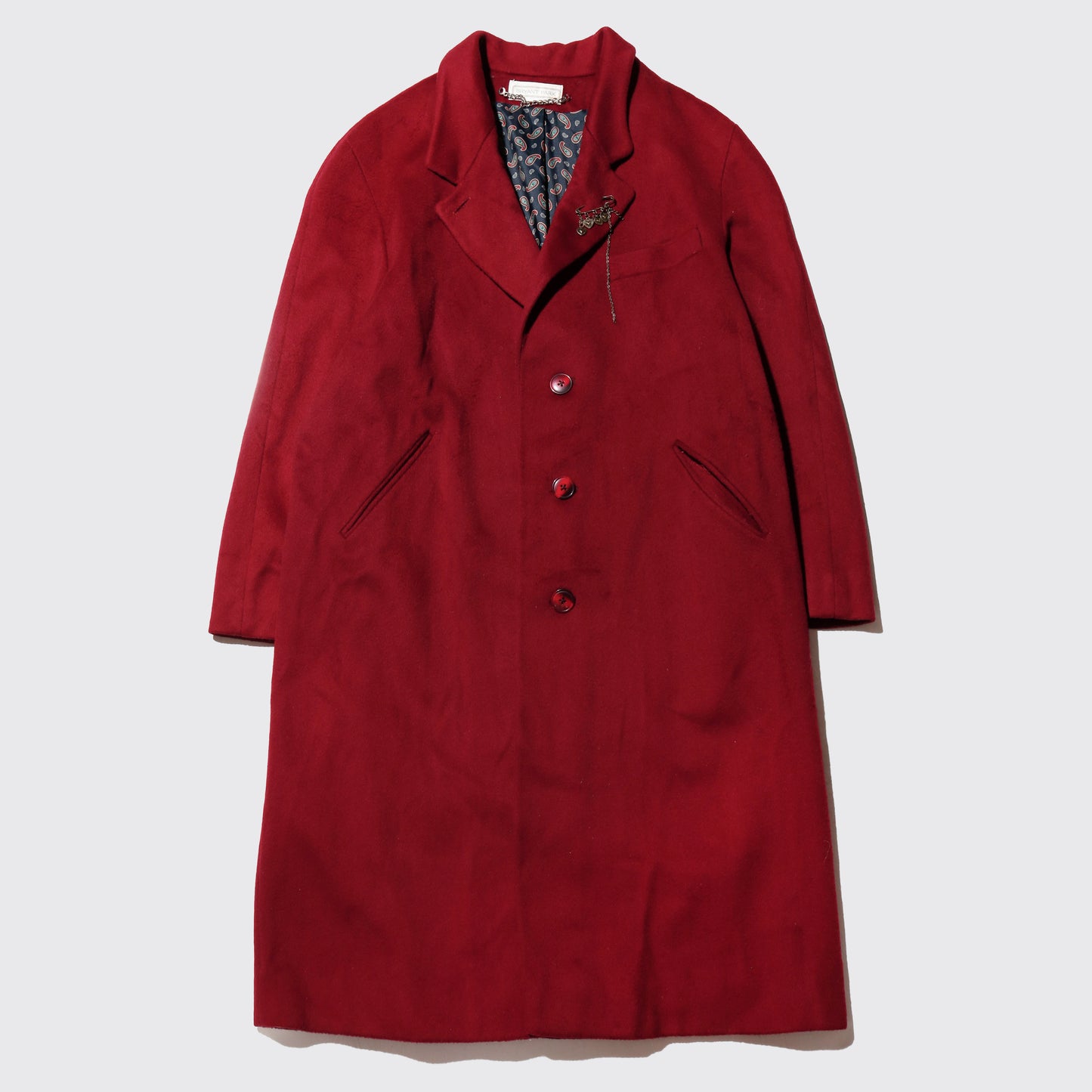 vintage crimson chesterfield wool coat , with paisley liner