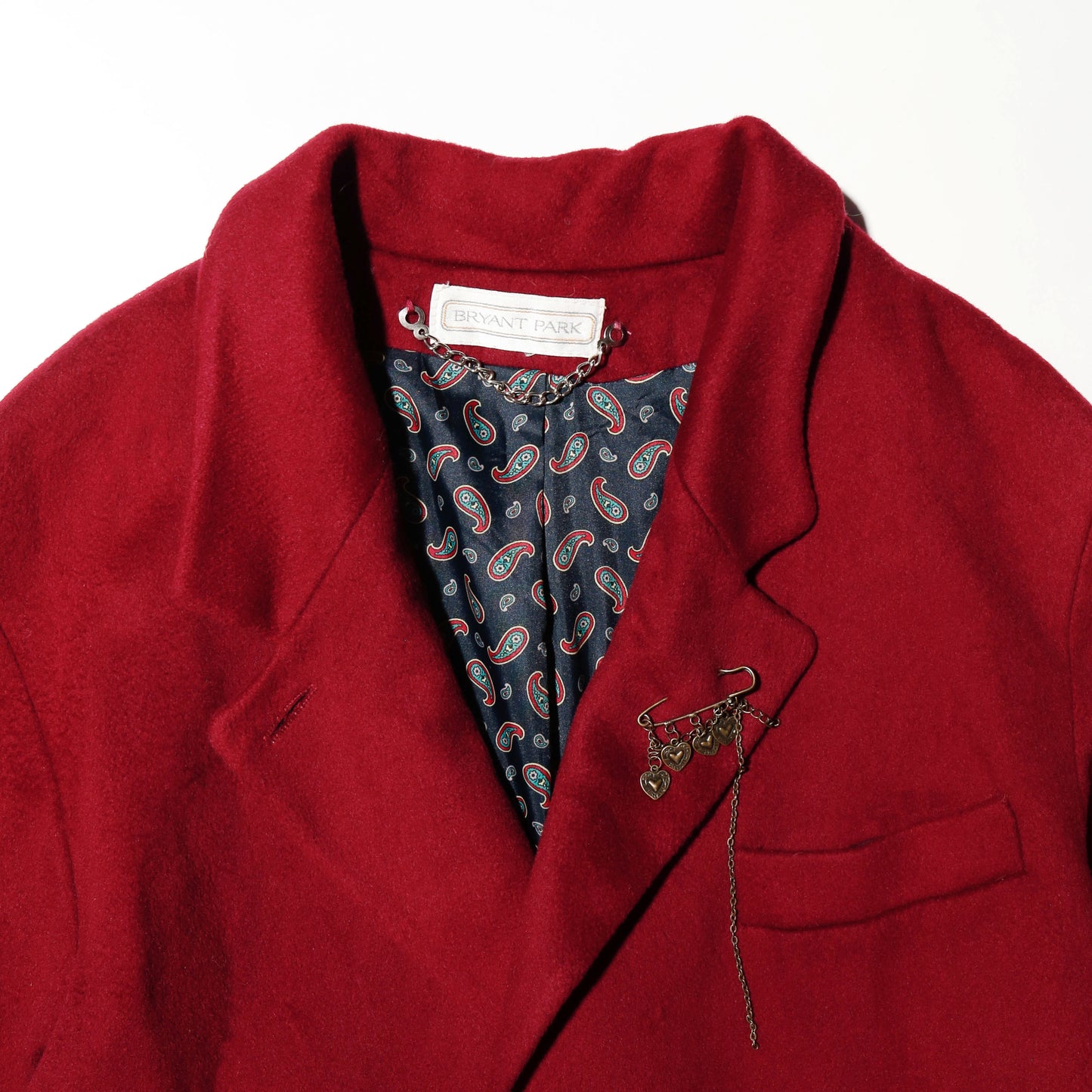 vintage crimson chesterfield wool coat , with paisley liner