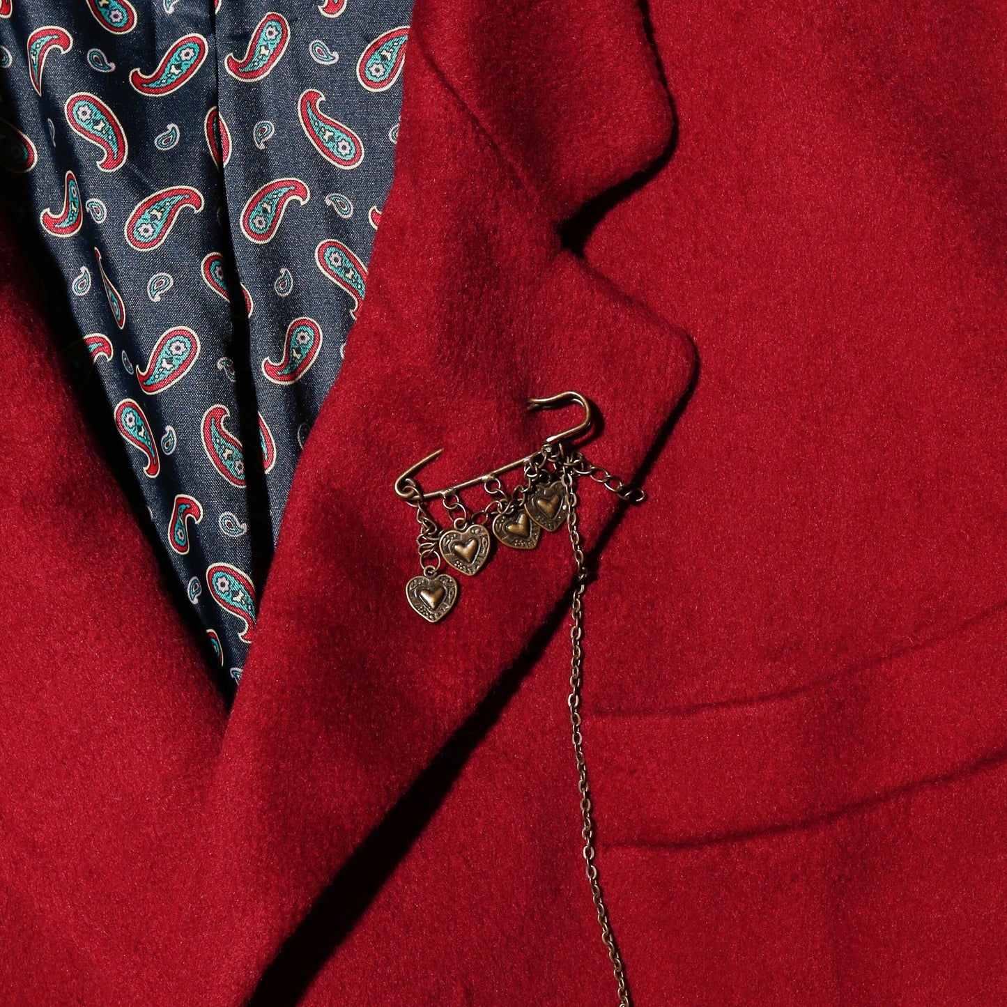 vintage crimson chesterfield wool coat , with paisley liner